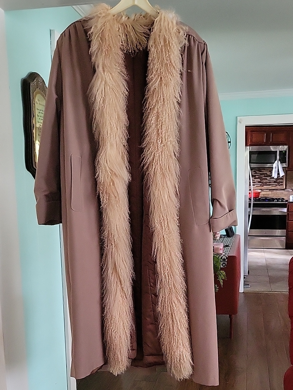 Women's Khaki Long Coat with Real Lamb Fur Trim